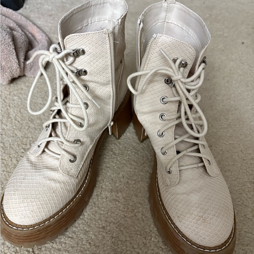 MIA Cream Textured Lace-Up Ankle Boots